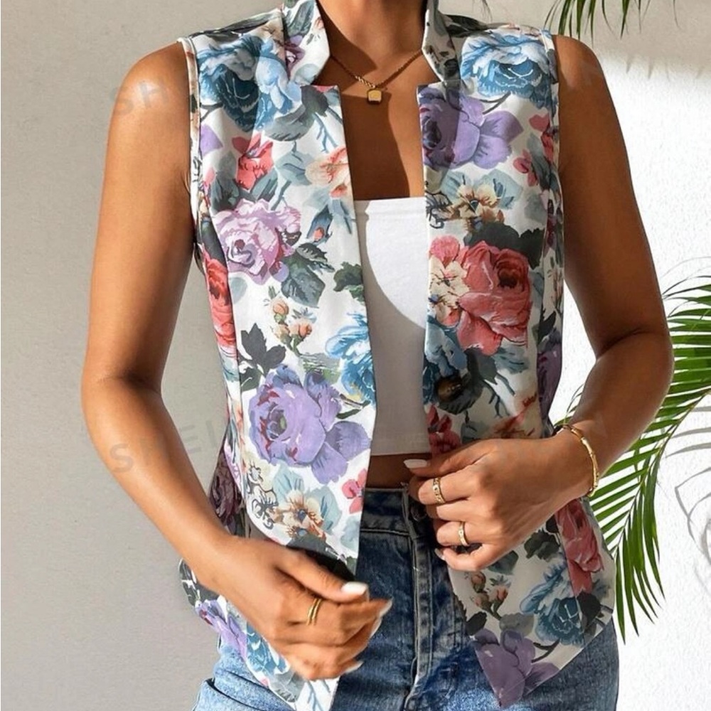Essnce Women's Summer Floral Print Casual Sleeveless Blazer - Picture 3 of 4